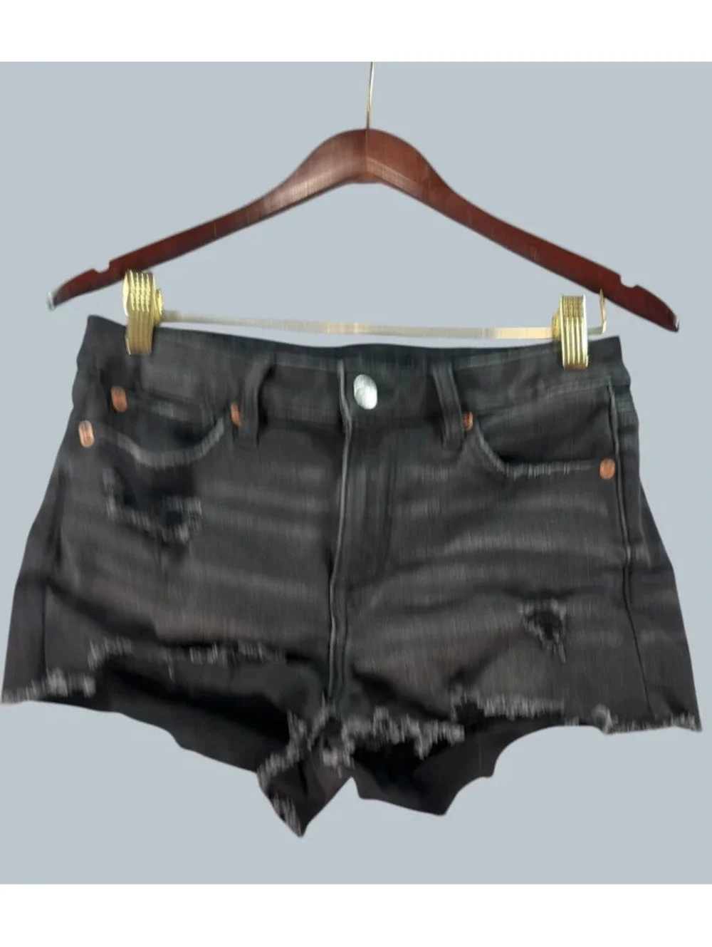 American Eagle Size 6 Black Distressed Next Level Stretch Denim Shorts C0051